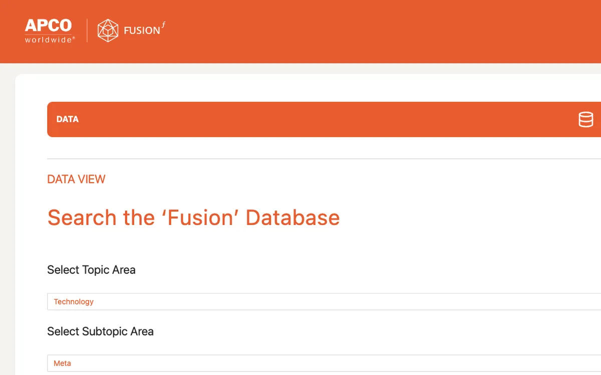 APCO Fusion: the data view, where you pick a topic and subtopic to search the survey database