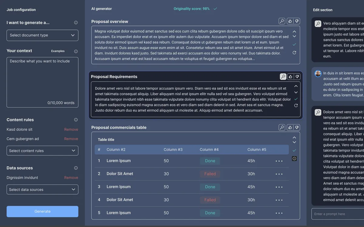 ProGen editor: job settings on the left, AI-generated proposal sections in the middle and an edit panel on the right