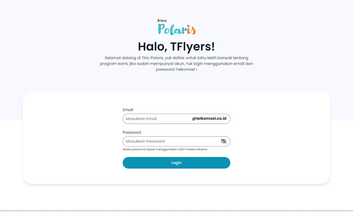 TINC Polaris sign-in page welcoming Telkomsel employees